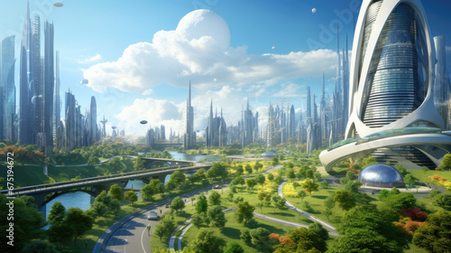 Eco-Futuristic Cityscape: Green Spaces in Urban Areas, Skyscrapers, Parks, and Gardens in Modern City