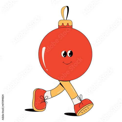 Christmas tree toy in trendy groovy retro cartoon style. Comic characters in trendy 70s cartoon style.Happy New year and Merry Christmas characters.70s Vibes groovy character.Funny retro christmas