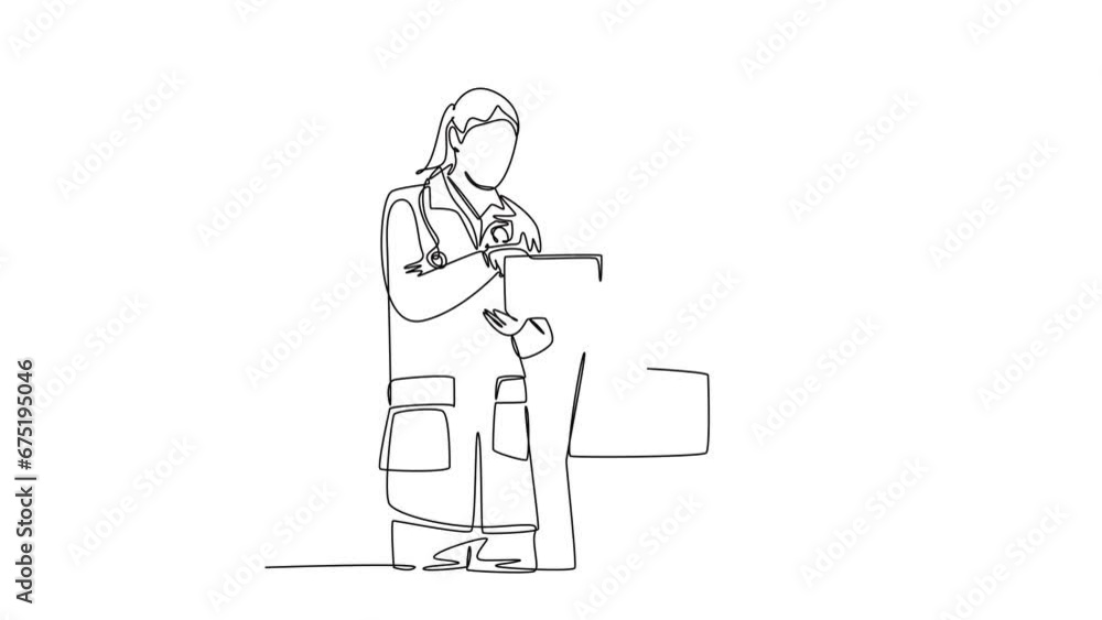 Animated self drawing of continuous line draw of young smart male and female doctor discussing about health topic article on tablet. Medical healthcare service concept. Full length one line animation Animated self drawing of continuous line draw of young smart male and female doctor discussing about health topic article on tablet. Medical healthcare service concept. Full length one line animation