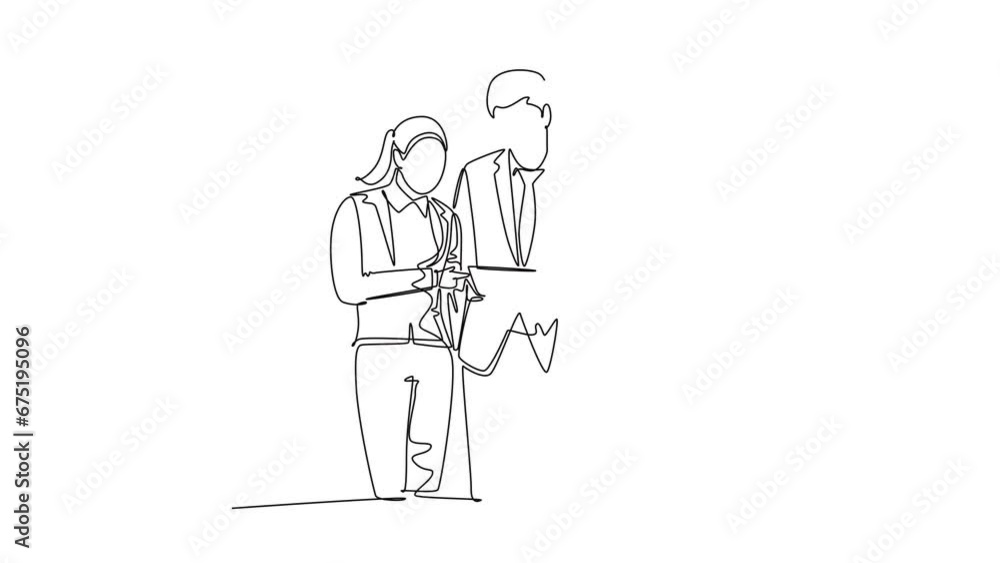 Animated self drawing of continuous line draw young happy male and female workers talking about company project together while opening document file. Business meeting. Full length one line animation Animated self drawing of continuous line draw young happy male and female workers talking about company project together while opening document file. Business meeting. Full length one line animation