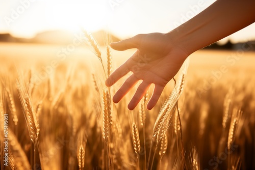 woman s hand touching golden wheat in the countryside on a sunny day