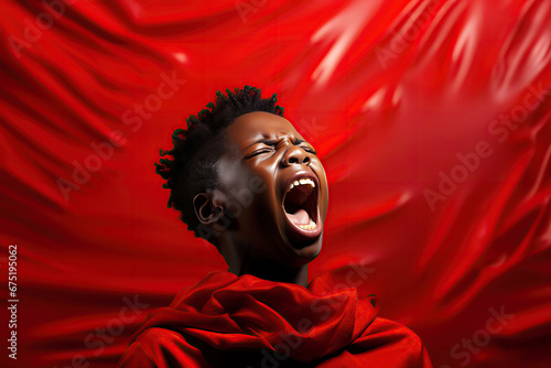 upset screaming crying black boy child on a red isolated background. The concept of pain