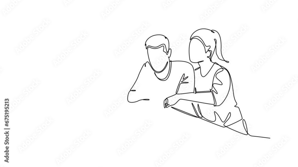 Self drawing animation of single line draw young business man and business woman discussing project learning data graph on laptop screen. Business meeting. Continuous line draw. Full length animated Self drawing animation of single line draw young business man and business woman discussing project learning data graph on laptop screen. Business meeting. Continuous line draw. Full length animated