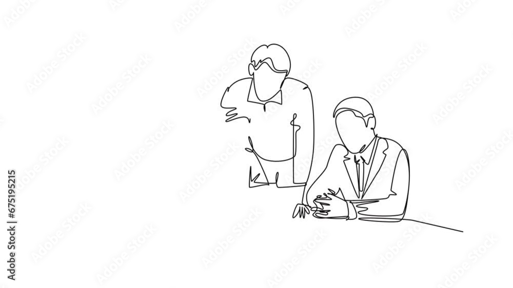 Animated self drawing of continuous line draw of young business man and business woman discussing project learning data graph on laptop screen. Business meeting concept. Full length one line animation Animated self drawing of continuous line draw of young business man and business woman discussing project learning data graph on laptop screen. Business meeting concept. Full length one line animation