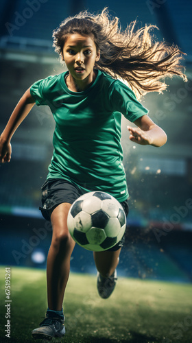 Determined Female Athlete Dominates the Soccer Field with Precision and Power © Saran