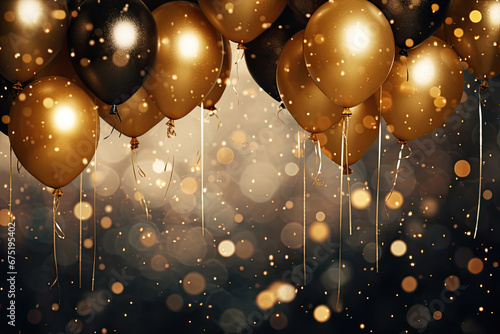 Celebration party with gold, black balloons background and glitter photo
