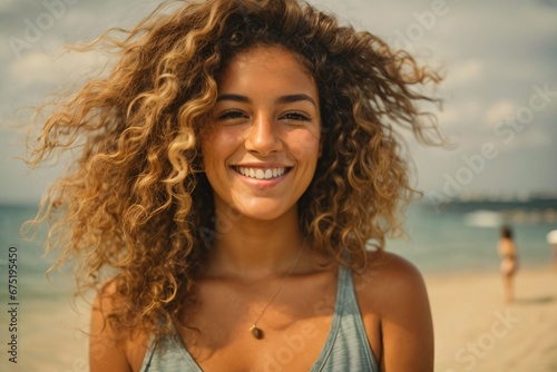 Portrait of smiling young woman with curly hair at beach during summer vacation. Generative Ai.