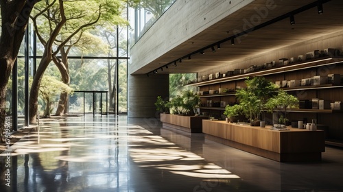 Interior of a modern office building with large windows and a lot of plants © ffunn