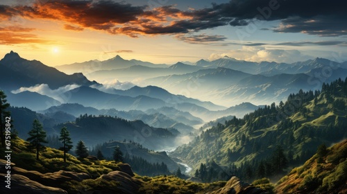 Breathtaking mountain panorama view with a serene river flowing through a lush green forest. The vibrant colors of the sunrise create a mesmerizing scene as misty fog adds an element of mystery to th