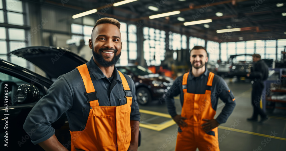 Professionals portrait, mechanic or men with arms on hips pose in engineer or garage workshop. Confident, male or smiling for car service repair and engineer and automobile industry Professionals portrait, mechanic or men with arms on hips pose in engineer or garage workshop. Confident, male or smiling for car service repair and engineer and automobile industry