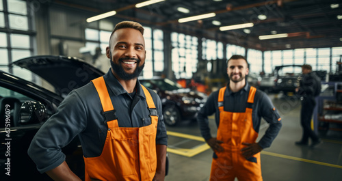 Professionals portrait, mechanic or men with arms on hips pose in engineer or garage workshop. Confident, male or smiling for car service repair and engineer and automobile industry © MalamboBot/Peopleimages - AI