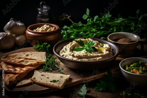 Middle Eastern dip texture with houmous  tahini and herbs. Generative AI