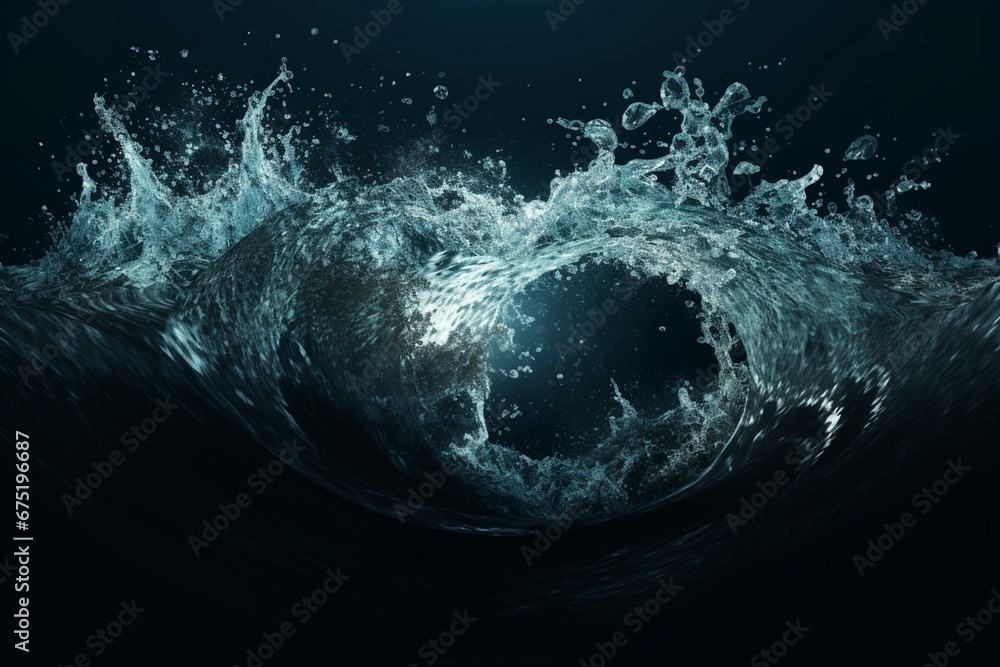 Water splashes and waves on dark background. Generative AI