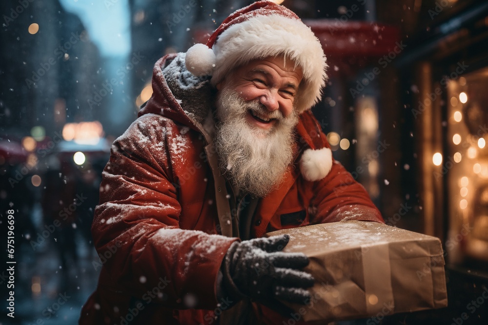 Santa on the street of the evening city, giving out gifts, festive lights, Christmas or New Year holidays, winter season