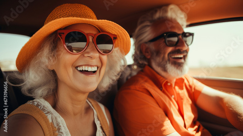 Portrait of senior couple, driving, vehicle for professional, confident and travelling. Face, smile and happy couple driving car for insurance, service repair and pensioner. Automobile industry © MalamboBot/Peopleimages - AI