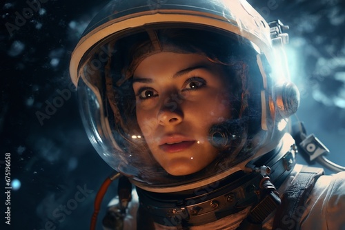 portrait of a woman as an astronaut, dressed in a spacesuit, helmet, beautiful face, abstract background