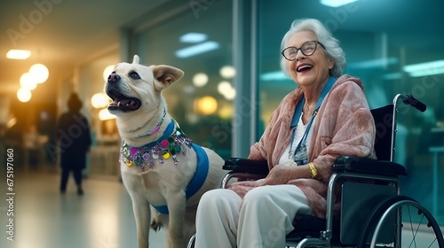 Senior Healthcare Companion: Patient with Dog in Wheelchair, Elderly Caucasian Woman Patient Finding Comfort with Her Beloved Dog on Wheelchair