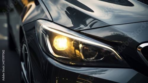 Headlight, vehicle and car for dealership salon, car sales and service repair in city streets at night. Close-up, lights and bokeh of modern and sleek automobile for ownership, competition or mechani © Peopleimages - AI