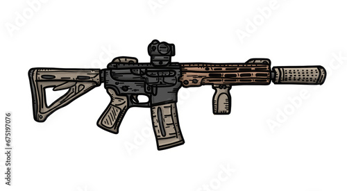 Close-up of an AR15 bullpup assault rifle on an isolated white background, line Art. Military weapons, gan concept white photo