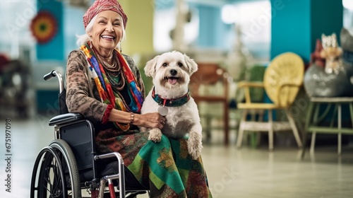 Senior Healthcare Companion: Patient with Dog in Wheelchair, Elderly Caucasian Woman Patient Finding Comfort with Her Beloved Dog on Wheelchair © PITTHAYA