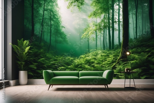 Einrichtungsidee veranschaulicht die Wirkung von Fototapeten. Ein grüner Sessel steht vor einer Wand mit einer wunderschönen Waldtapete im Hintergrund. photo