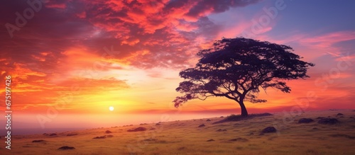 The beautiful sunset casts a mesmerizing silhouette of the tree against the colorful sky enhancing the breathtaking outdoor view of the nature filled landscape