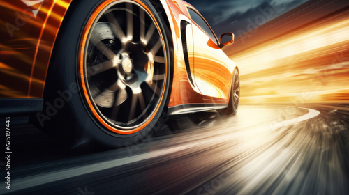 Vehicle speeding, tire and motion blur for professional, driver and owner on road. Test, speed, and fast car automobile for dealership, mechanic or professional racing competition © MalamboBot/Peopleimages - AI