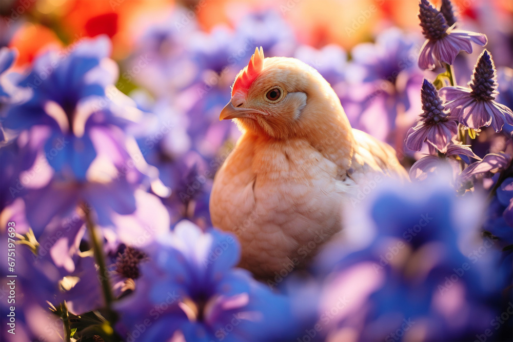view of a chicken among colorful flowers