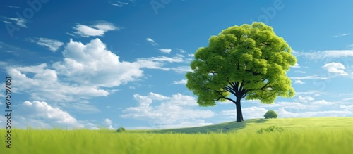 The blue sky and green grass create a stunning backdrop for the vibrant tree in the summer landscape while the warm sunlight adds a beautiful touch of light and color making it the perfect 