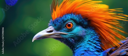 In the colorful background of a tropical environment a funny bird with vibrant green blue and orange feathers captures everyone s attention with its captivating eyes offering a glimpse into 