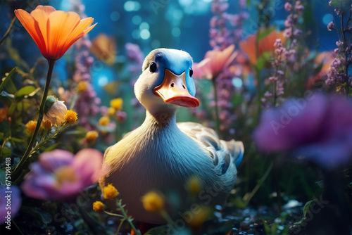 view of a duck among colorful flowers photo