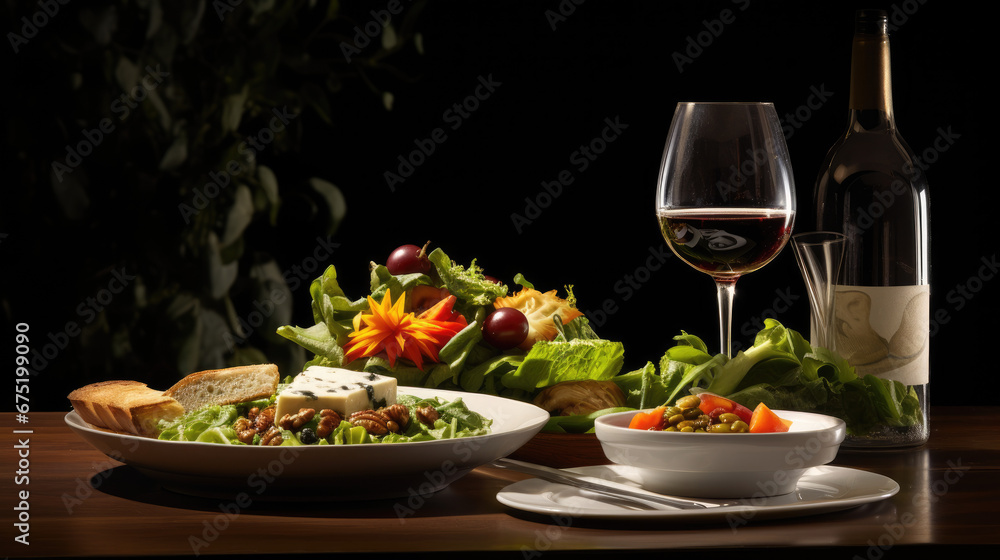 Elegant Dining: Table Set with Food, Wine, and Salad Elegant Dining: Table Set with Food, Wine, and Salad