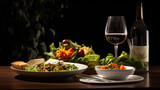 Elegant Dining: Table Set with Food, Wine, and Salad