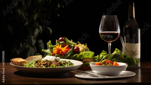 Elegant Dining: Table Set with Food, Wine, and Salad