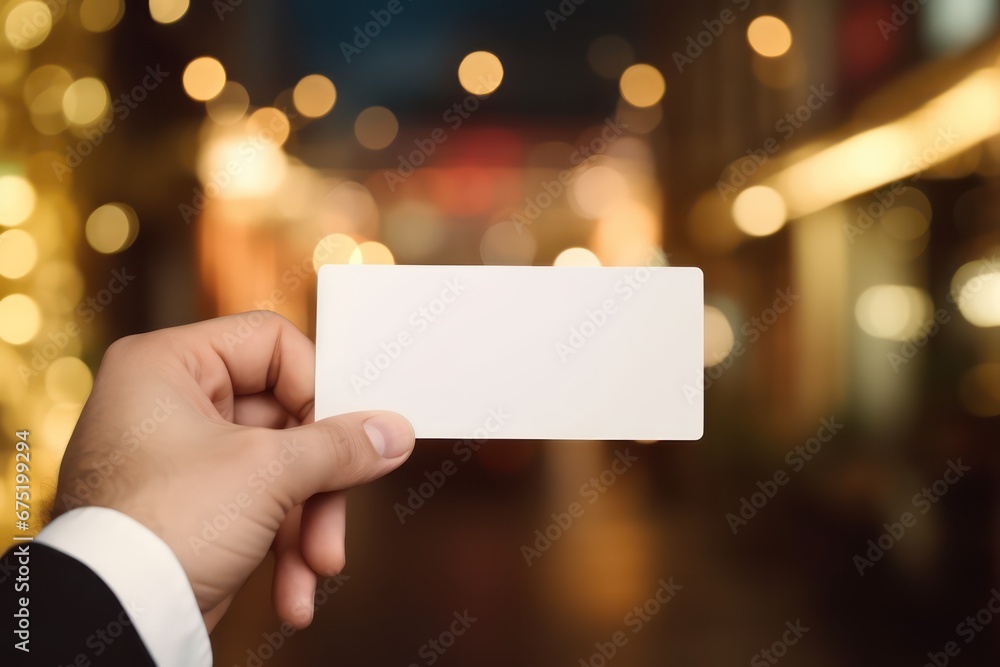 Businessman Hand Presenting Blank White Card Bokeh Background for Custom Messages, ai generated Businessman Hand Presenting Blank White Card Bokeh Background for Custom Messages, ai generated