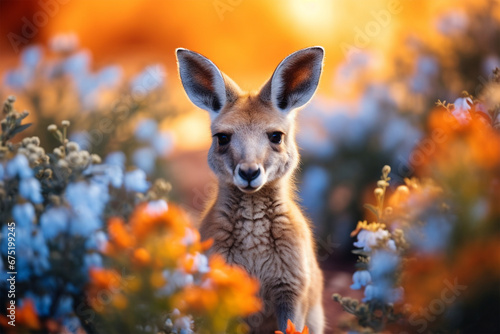 view of a kangaroo among colorful flowers