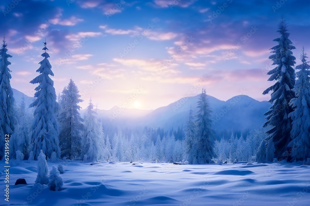 Snowy winter landscape with a mountain and trees covered in snow