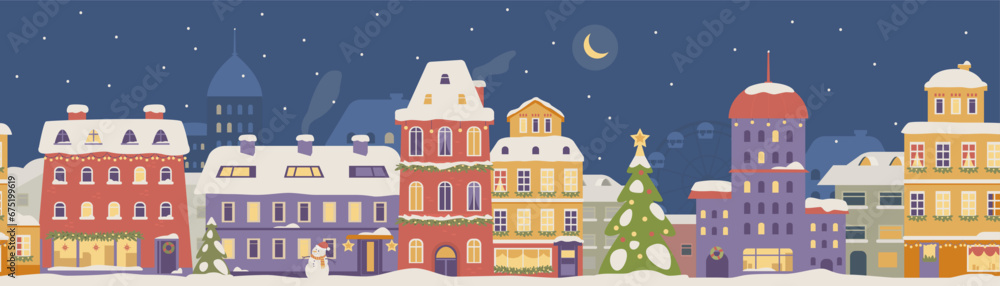 Christmas night city street with decorated cute houses vector seamless border.