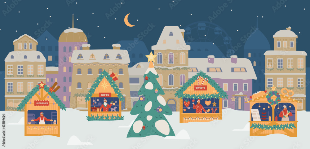 Christmas fair in the European city flat vector illustration. City square with street shops with gifts and fast food. Winter night cityscape with different shops horizontal banner.