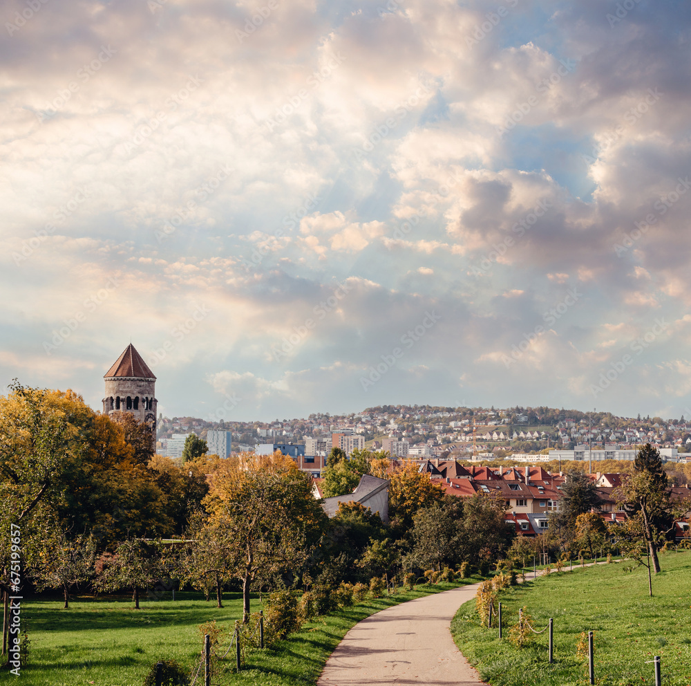 Germany, Stuttgart panorama view. Beautiful houses in autumn, Sky and nature landscape. Vineyards in Stuttgart - colorful wine growing region in the south of Germany with view over Neckar Valley