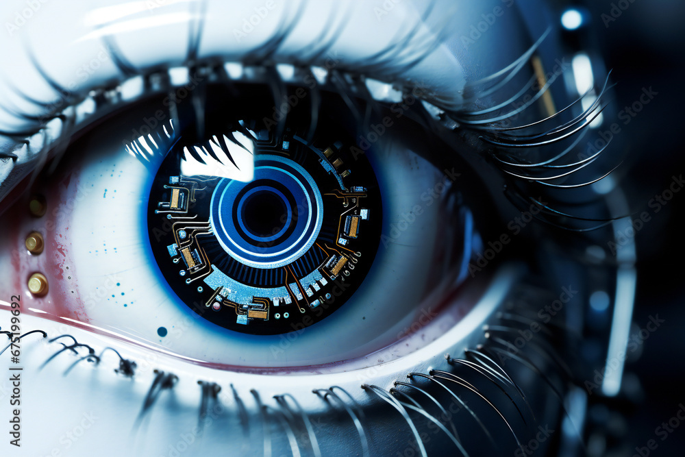Bionic or robotic eye. Advanced technology and surveillance concept composition.