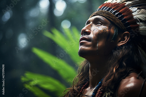 Head of an indigenous man in the rainforest, wearing a head scarf with feathers, looking up