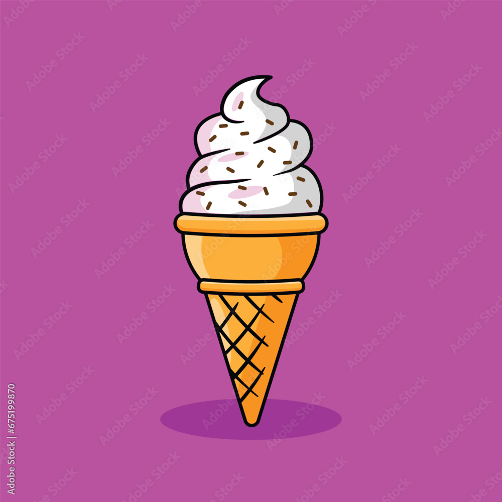  Ice cream cone, white vanilla-flavored with chocolate sprinkles topping isolated on pink background ; cute cartoon logo flat vector illustration design
