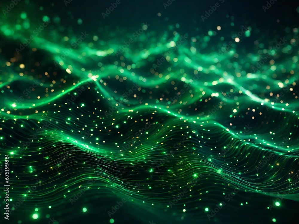 Obraz premium Futuristic digital green flowing particles wave and sparkling light abstract background. A Generative AI Digital Illustration.