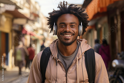 Young cheerful African American man listening to music on headphones while walking along city street
