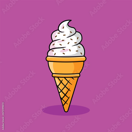  Ice cream cone, white vanilla-flavored with chocolate sprinkles topping isolated on pink background ; cute cartoon logo flat vector illustration design