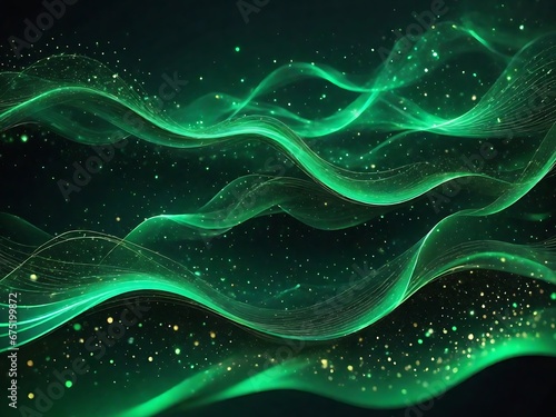 Futuristic digital green flowing particles wave and sparkling light abstract background. A Generative AI Digital Illustration.