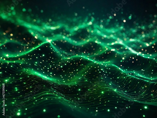 Futuristic digital green flowing particles wave and sparkling light abstract background. A Generative AI Digital Illustration.