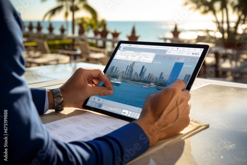 A traveler using a tablet to manage their entire trip, from booking accommodations to accessing electronic tickets, highlighting the convenience of digital travel planning. photo