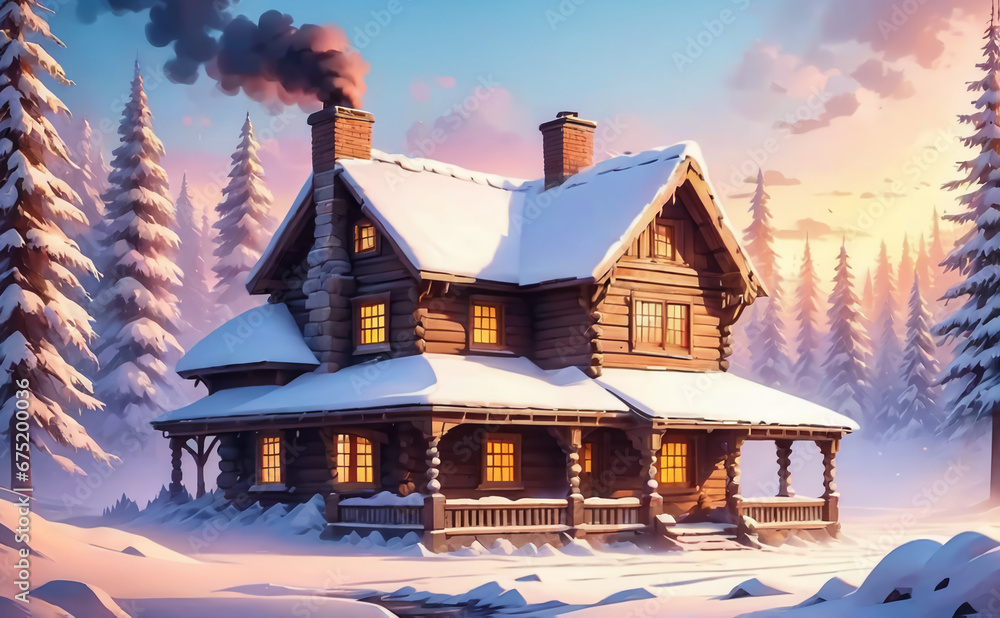 Fantastic winter landscape with a wooden house. AI